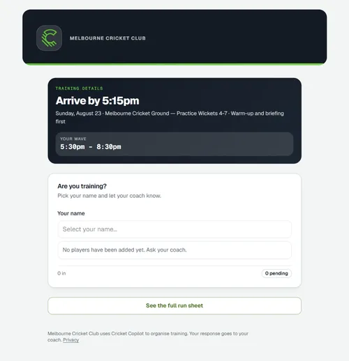 The player's own page: club-branded training details, arrival time and a short form to pick their name and confirm they are training
