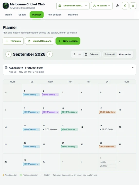 Season planner calendar view showing colour-coded training sessions, availability requests and match fixtures across the month