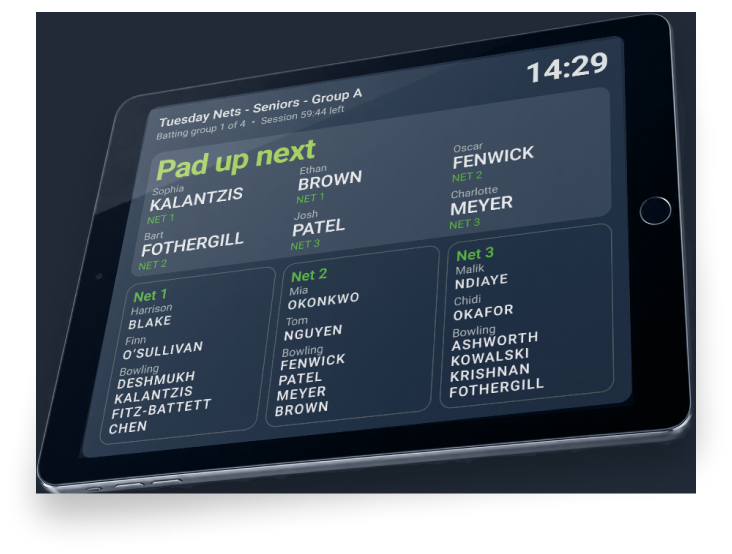 Display Mode shown on a tablet courtside: pad-up-next band and per-net batter and bowler lists with a large rotation clock