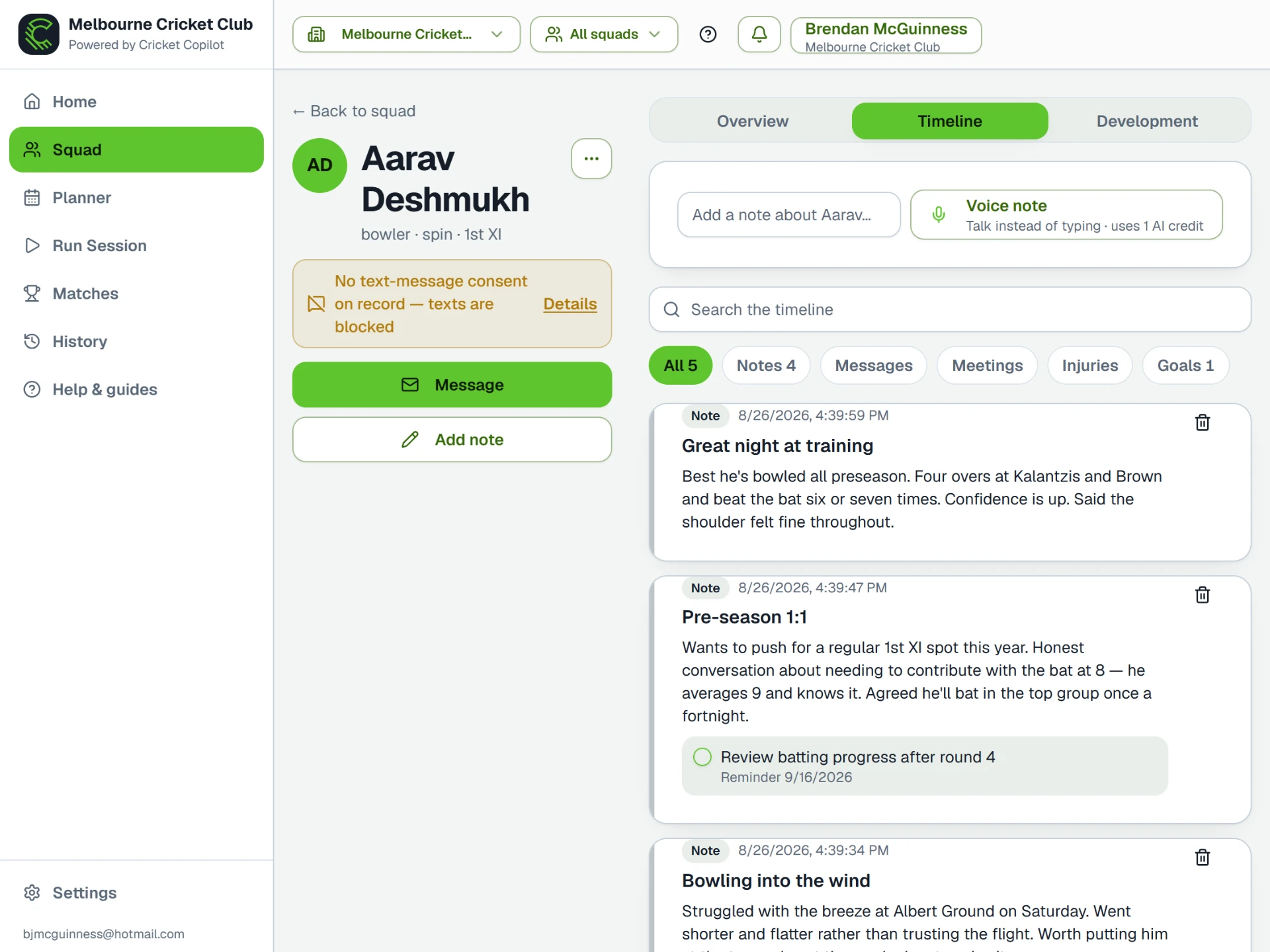Player profile timeline showing notes, meetings, goals and workload history in one place